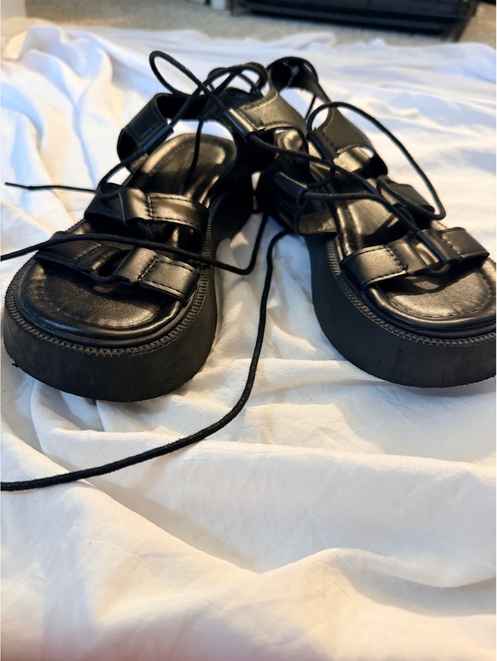 Grunge Punk Black Leather Lace-Up Platform Sandals